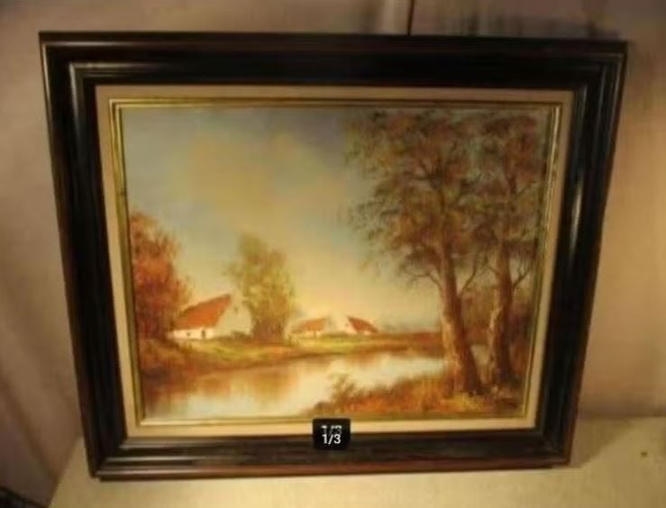 Mooi Geschilderd Werk 'Rivier en Boerderijen' - gesigneerd, Enlèvement ou Envoi, Paysage, Toile, Signé