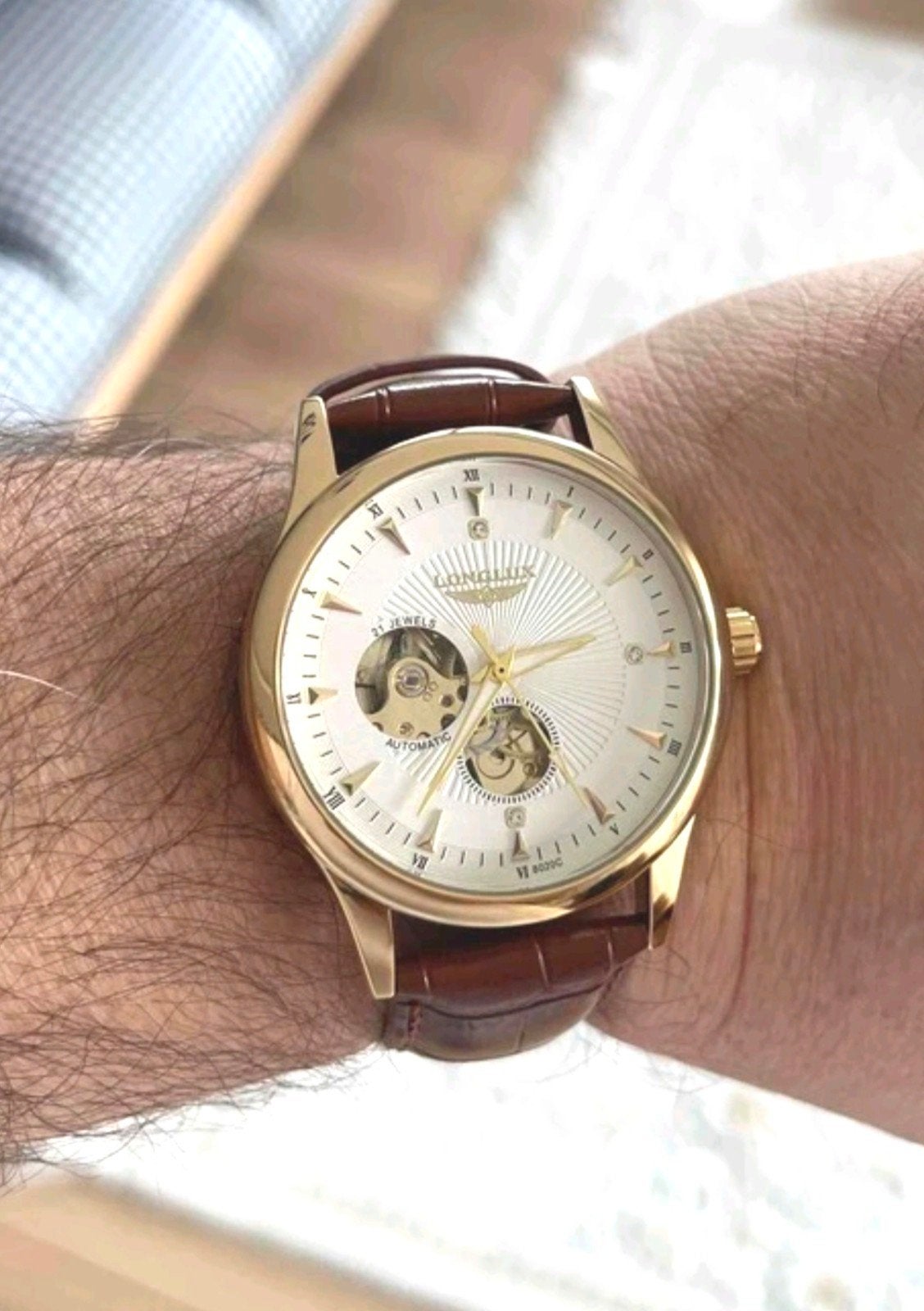 Montre automatique Longlux squelette – cadran blanc – NEUVE, Enlèvement ou Envoi, Or, Doré
