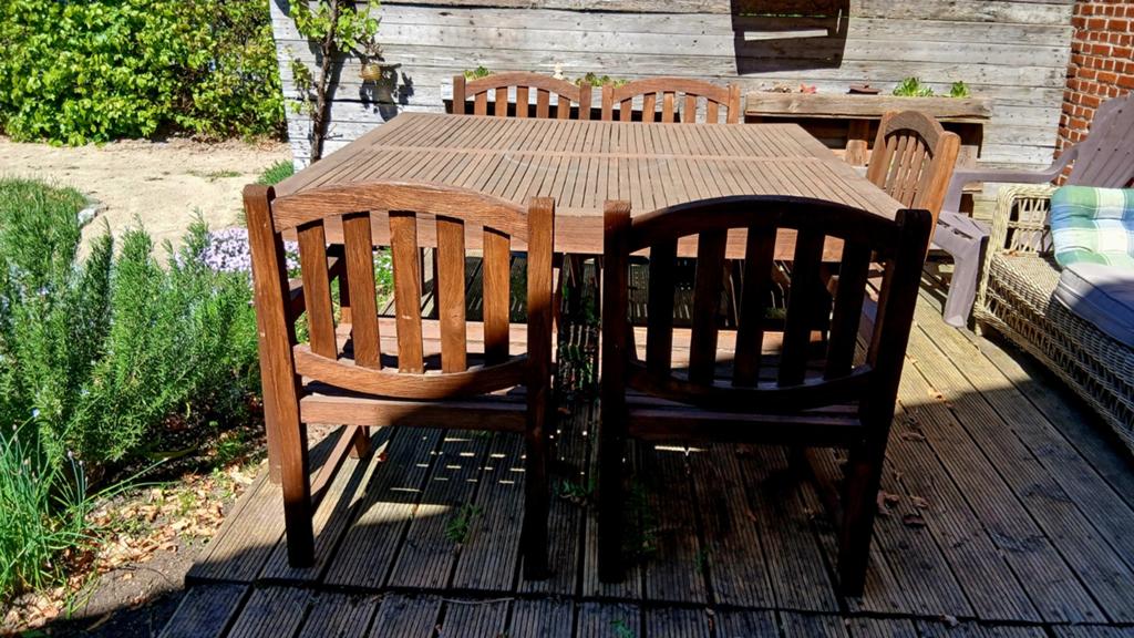 Prachtige grote teak tuintafel met 6 stoelen, Ophalen