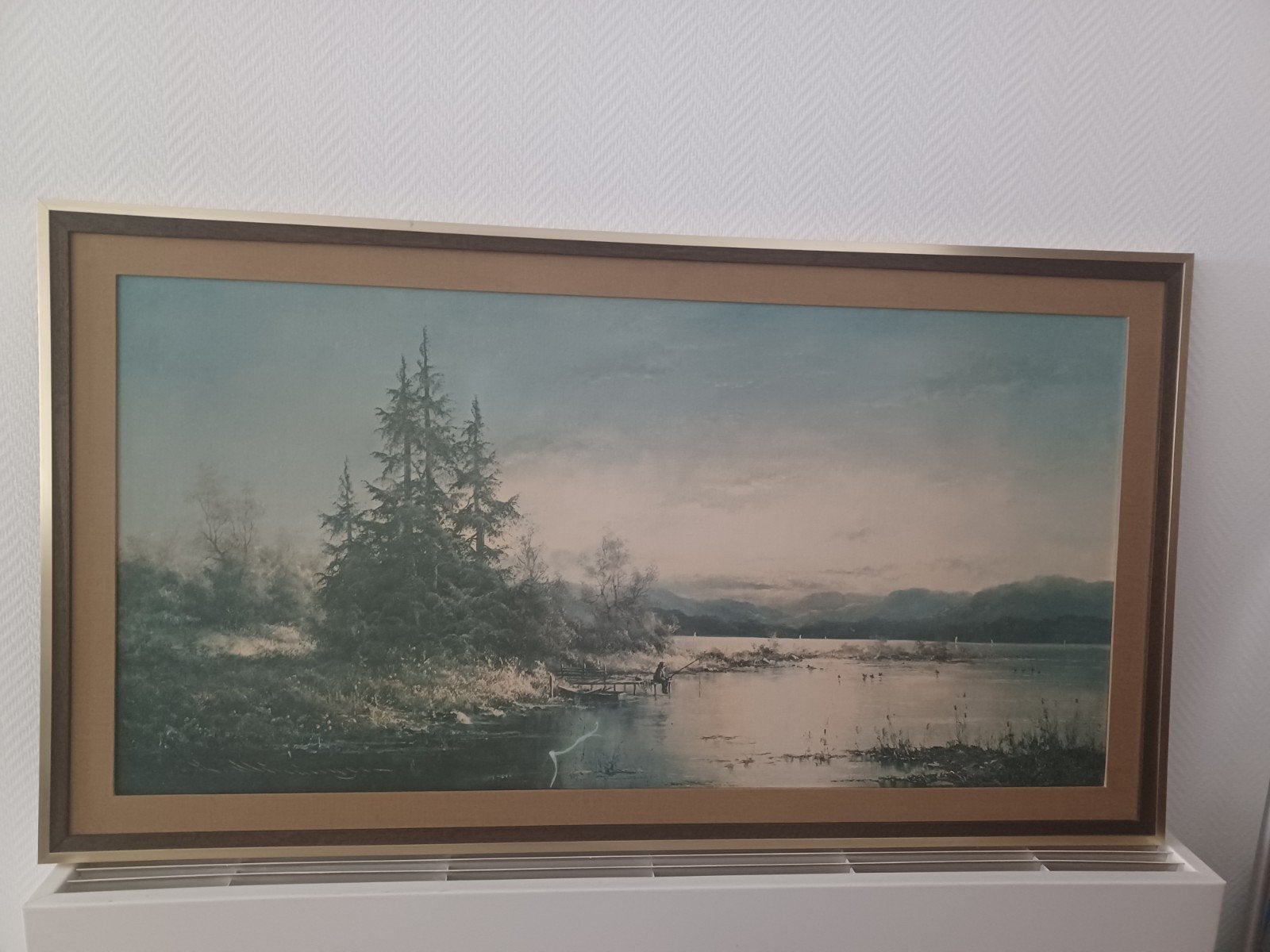 Groot prentkunst/druk schilderij op hout: De eenzame visser, Ophalen