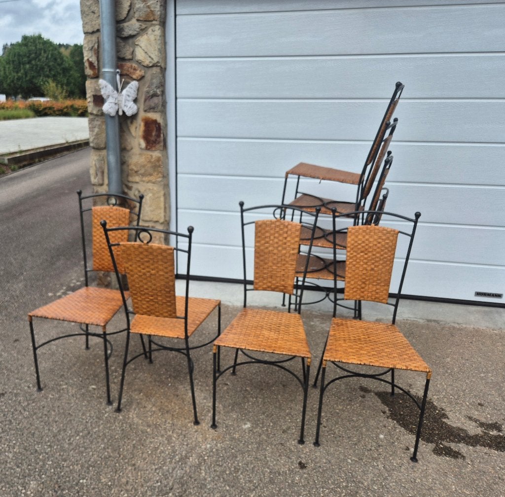 8 chaises en osier plastifié et fer forgé dont 4 abîmées, Maison & Meubles, Enlèvement, Utilisé, Cinq, Six Chaises ou plus