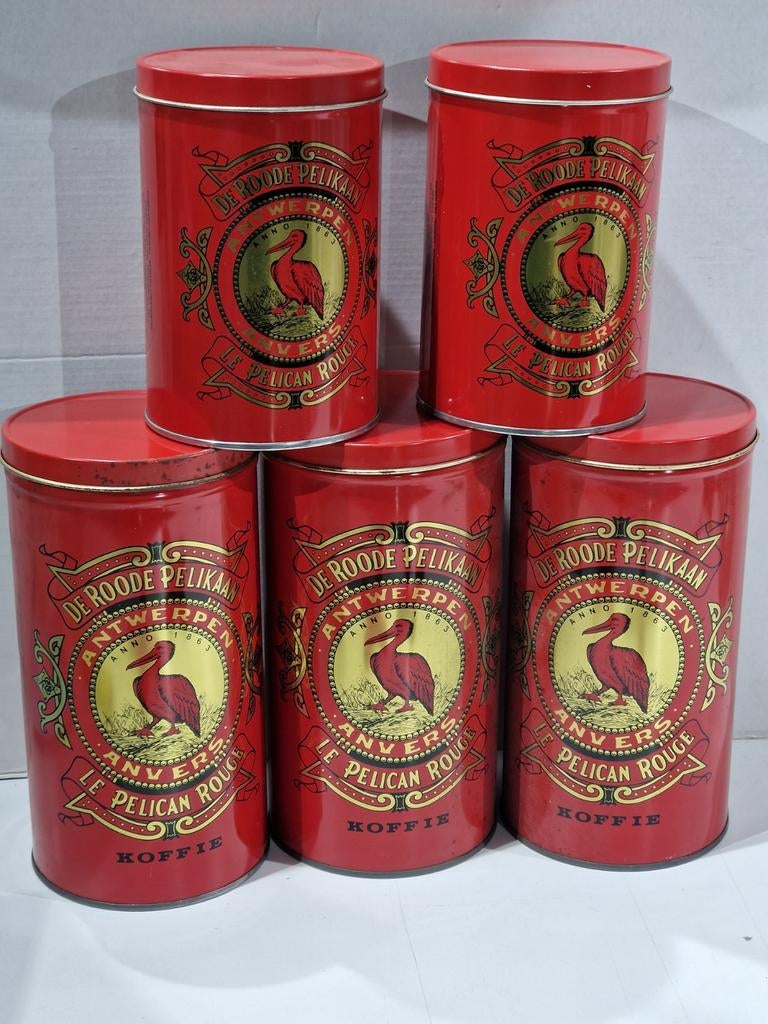 Set 5 blikken roode pelikaan , 3 grote 2 klein , Antwerpen, Verzamelen, Ophalen of Verzenden, Gebruikt, Koffie, Overige merken