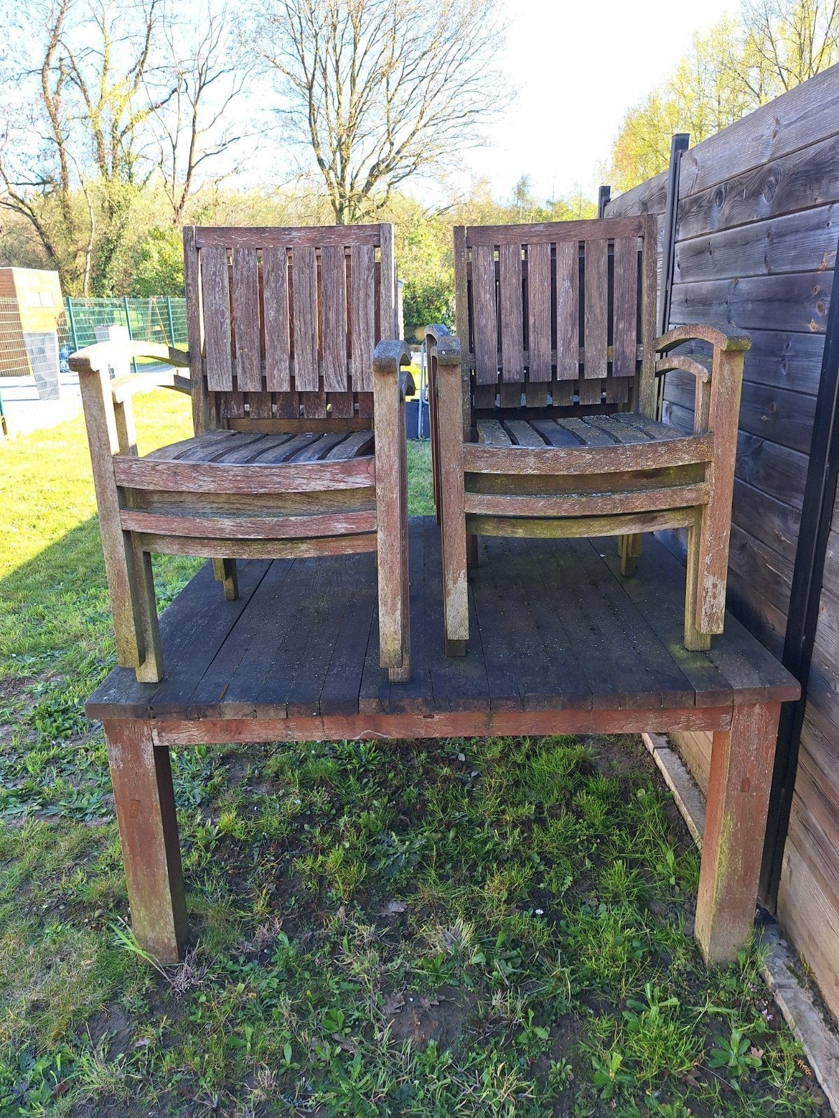 Teaken tafel (1,5m x 1,5m) en 8 stoelen, Tuin en Terras, Ophalen, Gebruikt, Hout