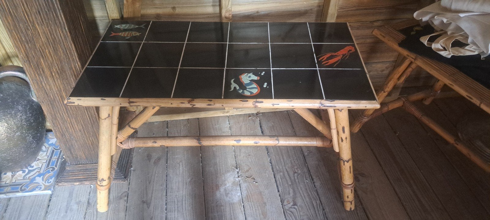 Vintage tafel Bamboe met tegels, Ophalen
