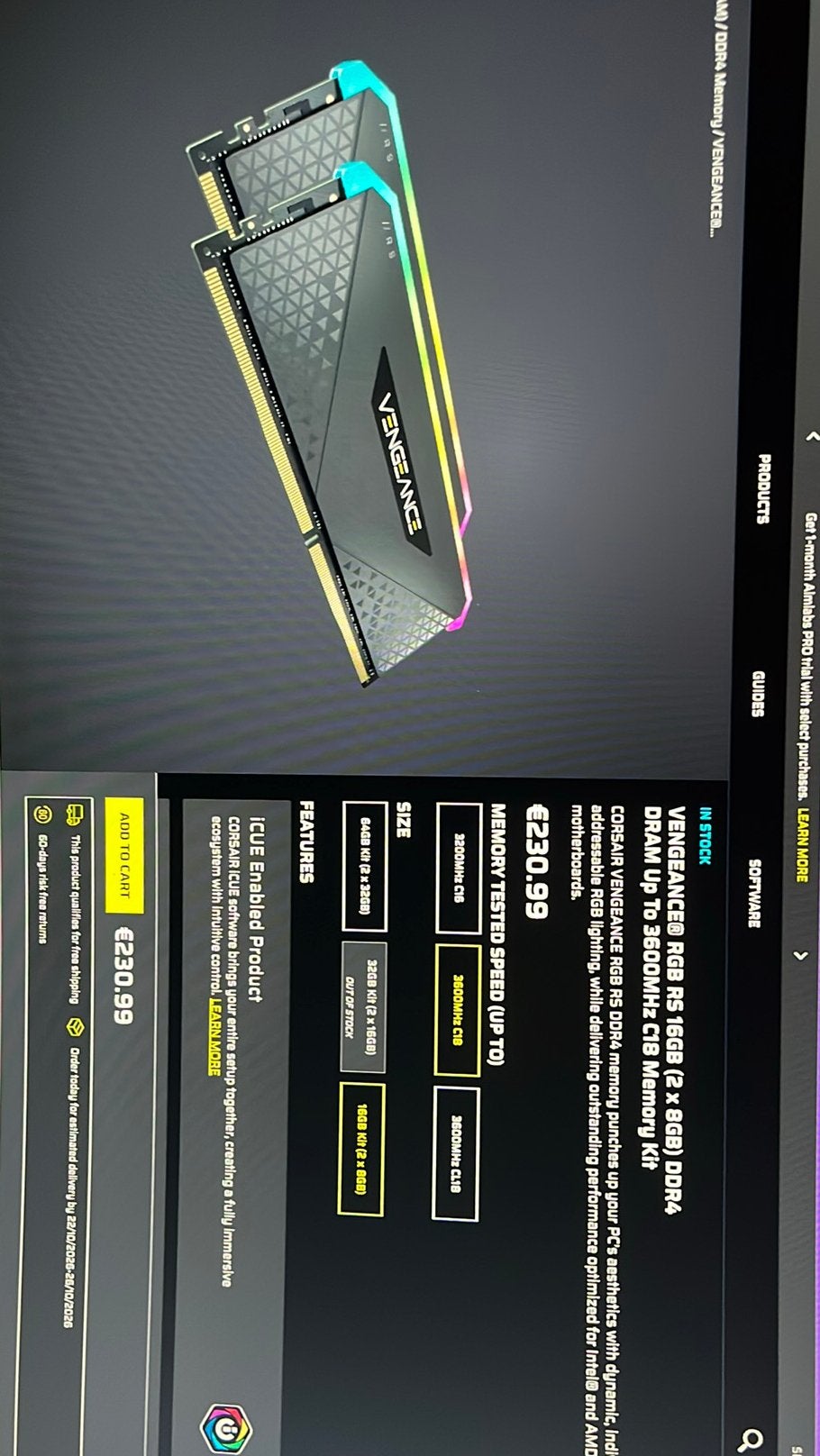 Vengeance  RGB RS 16GB (2x8GB) DDR4 RAM 3600MHz C18, Ophalen, DDR4, 8 GB, Zo goed als nieuw