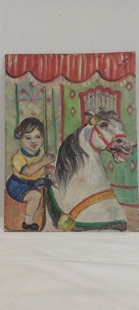 Tableau huile panneau Enfant manège M.Stenuit,29x40,n686, Antiquités & Art, Art | Peinture | Classique, Enlèvement ou Envoi, Autres sujets