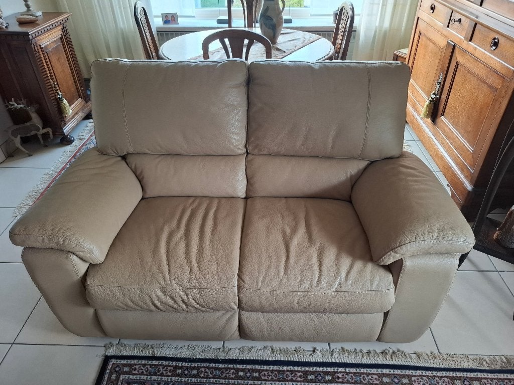 2 zitbank, leer, beige, Huis en Inrichting, Ophalen, Zo goed als nieuw, Leer, 75 tot 100 cm