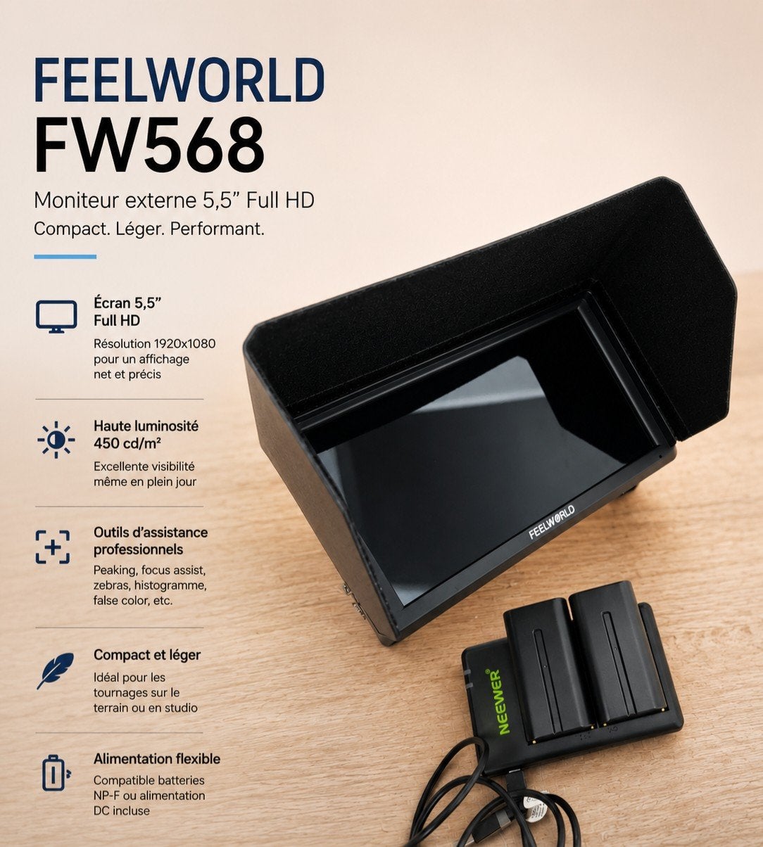Moniteur externe Feelworld FW568 – 5,5" Full HD, TV, Hi-fi & Vidéo, Photo | Lentilles & Objectifs, Comme neuf, Enlèvement, Accessoires