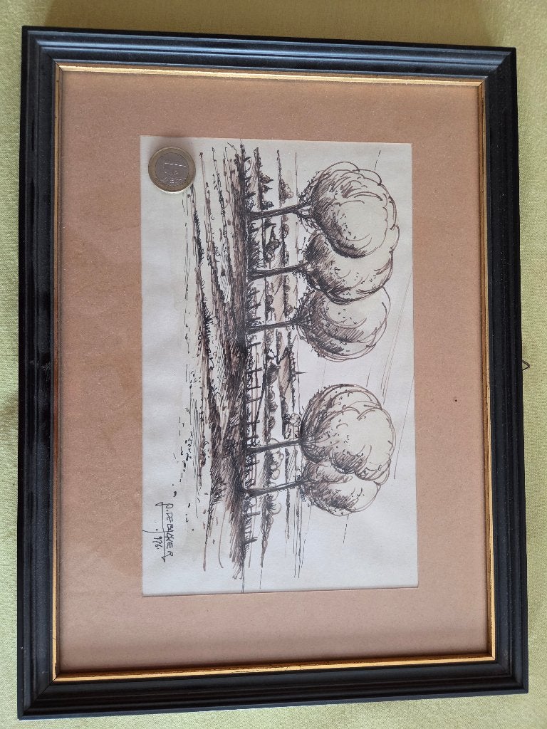 Penttekening De Backer, Antiquités & Art, Sous verre, Autres techniques, Panneau, Paysage