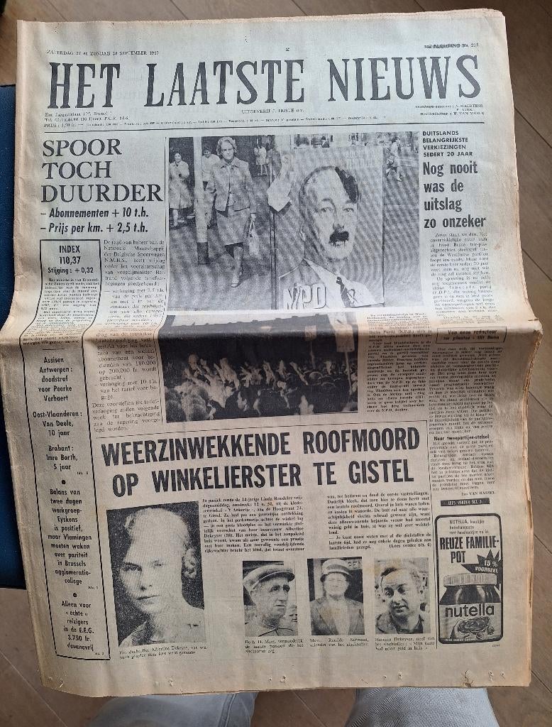 oude krant: het laatste nieuws 27/28 sep 1969, Boeken, Tijdschriften en Kranten, Ophalen of Verzenden, Gelezen, Krant
