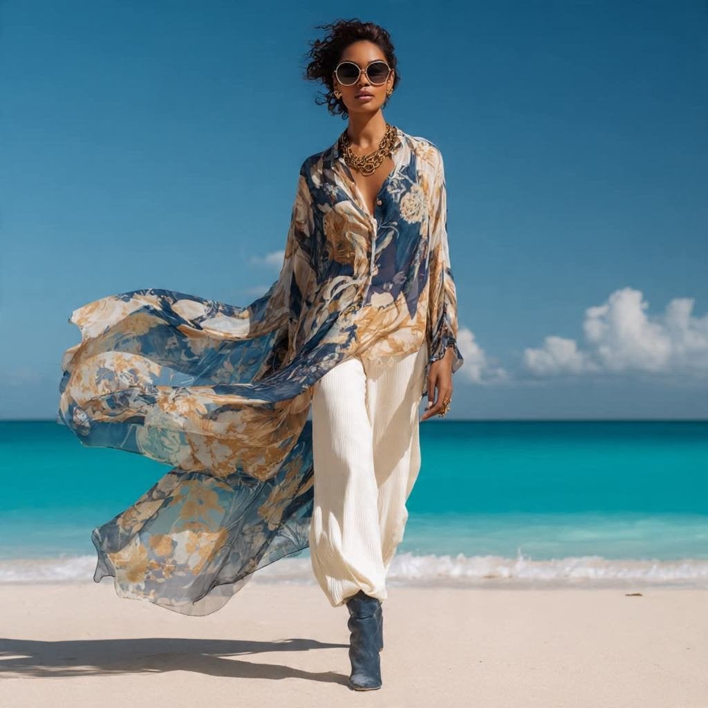Elegante blauw-goud gekleurde kaftan met stijlvolle outfit, Maat 38/40 (M), Meerkleurig, By Farfetch, Nieuw