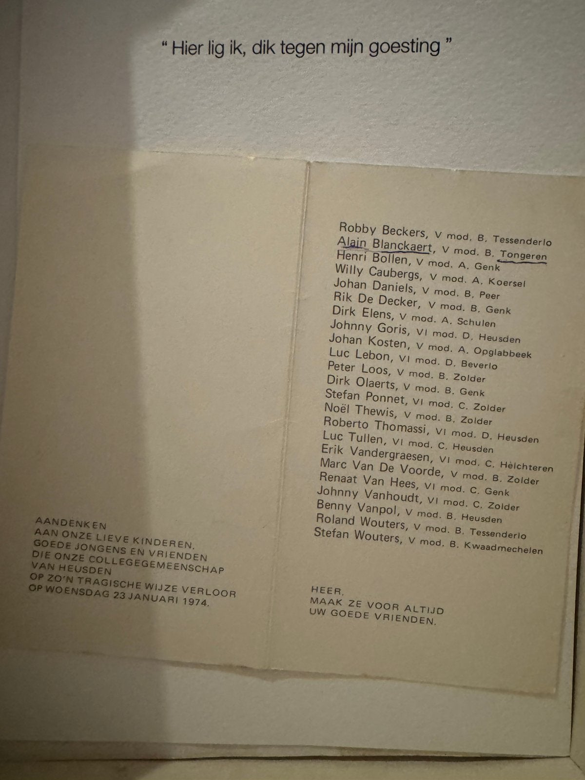 Gedachtenisprentje kinderen omgekomen brand Heusden 1974, Collections, Images pieuses & Faire-part, Enlèvement ou Envoi