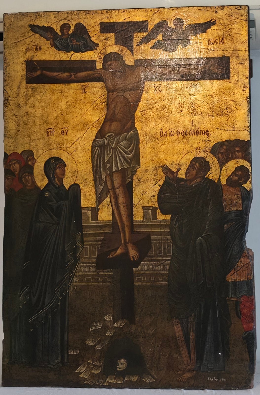 Byzantijnse kruisigingsicoon op hout  – 90 x 70cm, Antiek en Kunst, Ophalen of Verzenden