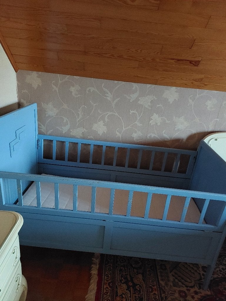 kinderbed, matras, 1 donsdeken en 2 overtrekken, Ophalen, Gebruikt, Eenpersoons, Blauw