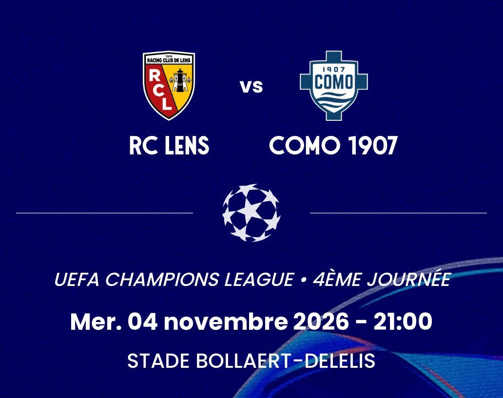 Te koop: 2 tickets Champions League RC Lens - Como 1907 4/11, Losse kaart, Twee personen, November