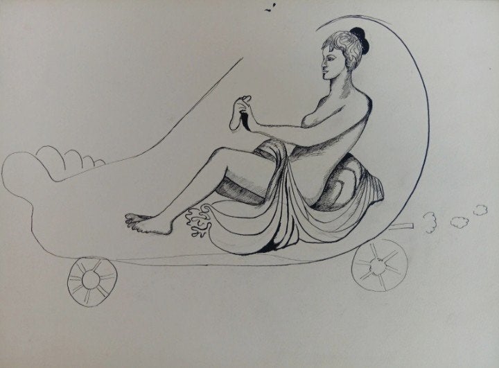 Curiosa en surrealisme. Oude tekening. Naakt op één voet, Ophalen of Verzenden