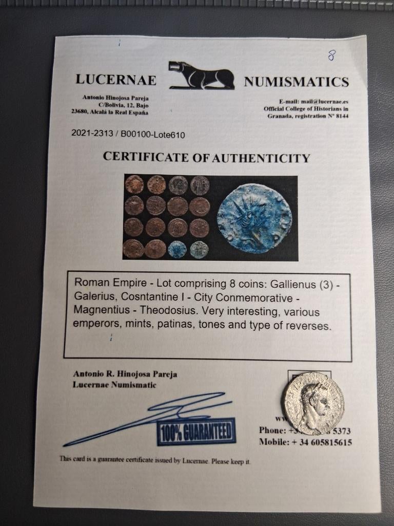 Lot 8 van 8 romeinse munten met certificaat, Ophalen of Verzenden