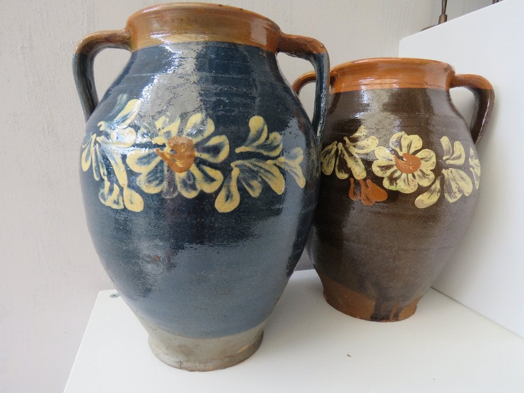 Koppel handbeschilderde terracotta kruiken, Ophalen of Verzenden