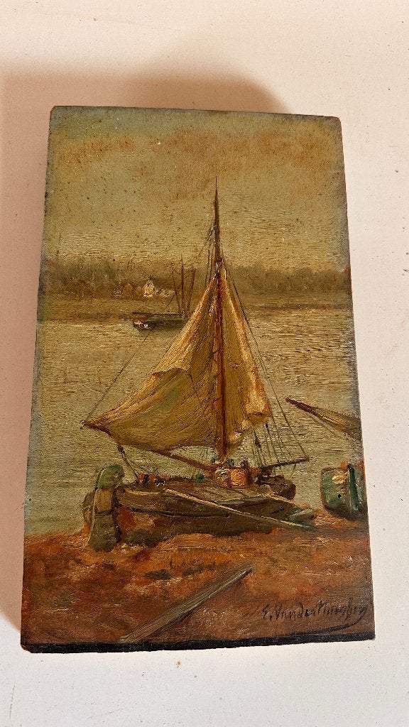Edmond Van der Haeghen (1836 - 1919) bootje op paneel, Antiek en Kunst, Overige stijlen, Ophalen of Verzenden, Olieverf, Maritiem / water