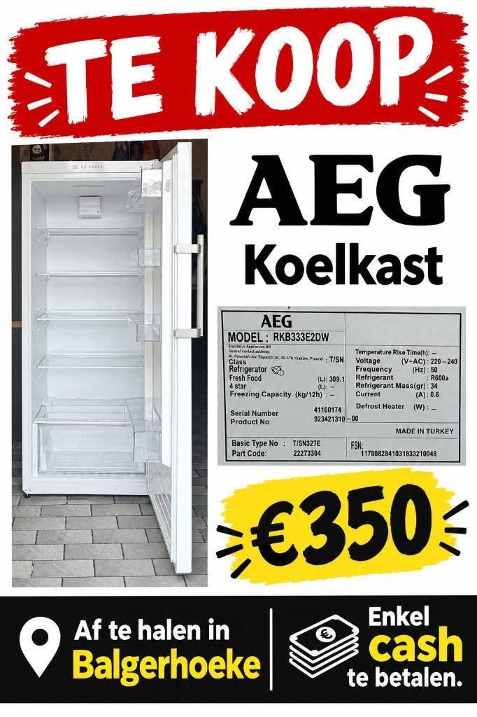 AEG Koelkast RKB333E2DW - 2j oud!!, Ophalen, Zonder vriesvak, 200 liter of meer, Zo goed als nieuw