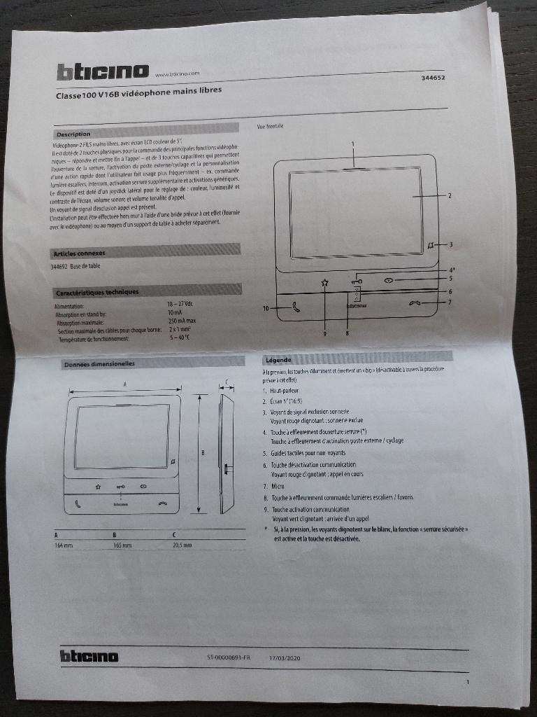 Poste interne vidéophonie BTicino classe100 V16B, Maison & Meubles, Sonnettes, Neuf, Caméra intégrée, Fonction de conversation
