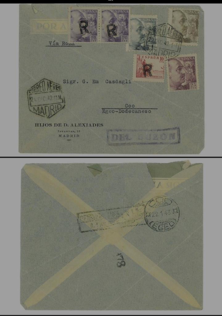 Lettre aérienne Madrid Coo Égée Dodecanese 1942, Timbres & Monnaies, Lettres & Enveloppes | Étranger, Enlèvement ou Envoi, Lettre