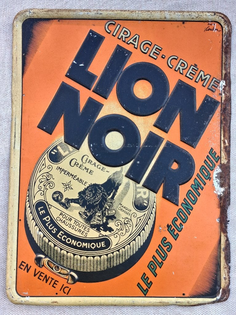Vintage metalen reclamebord LION NOIR, Verzamelen, Ophalen of Verzenden, Zo goed als nieuw, Reclamebord