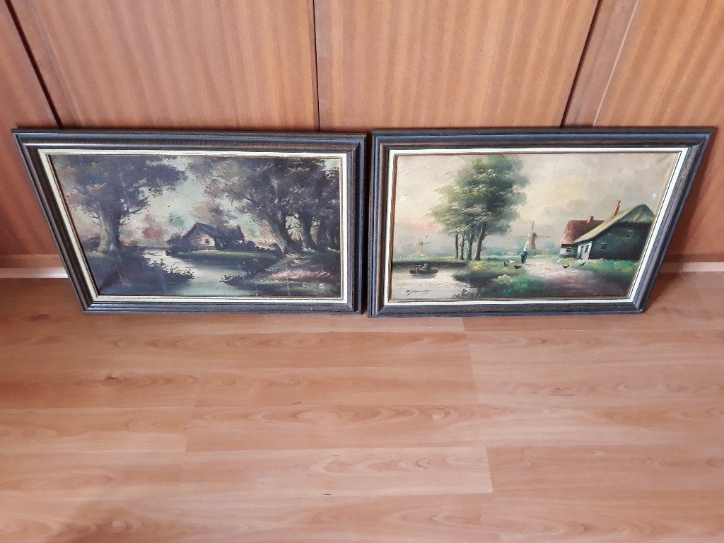 2 schilderijen van M. Douven, Enlèvement, Signé, Paysage, Toile