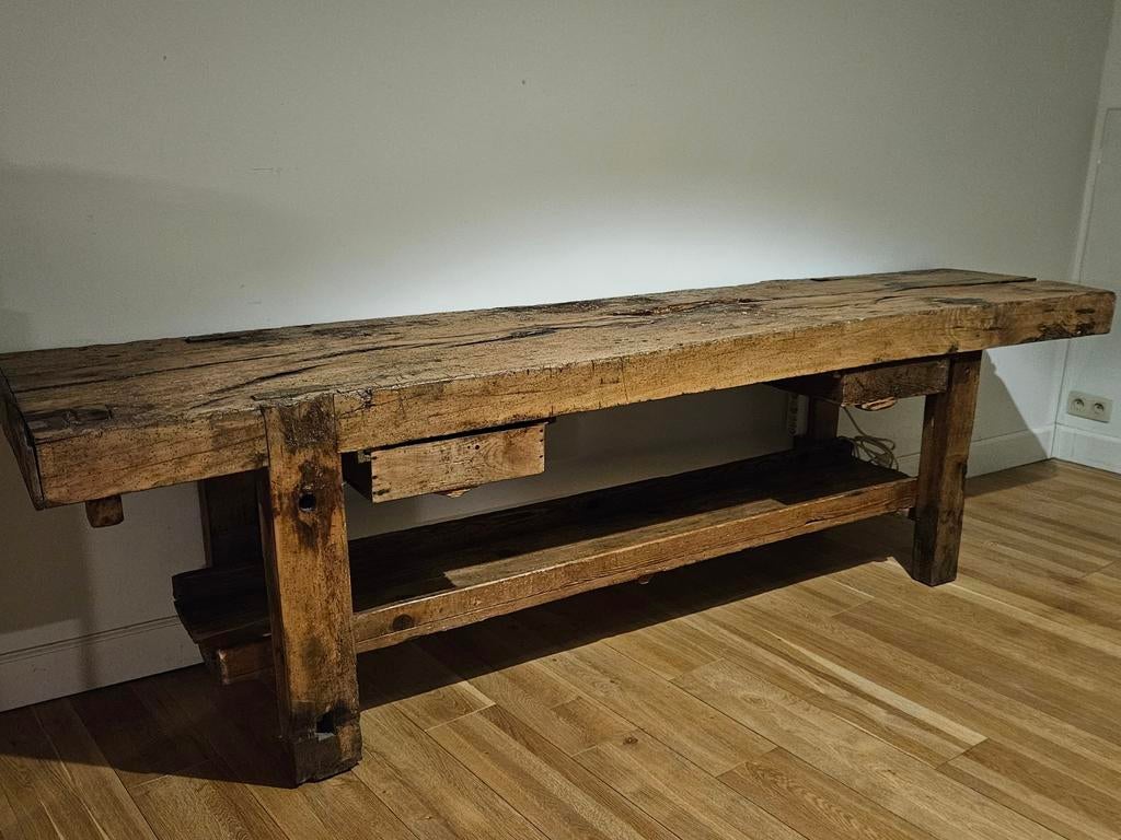 Antieke massief eikenhouten werkbank 270cm, Ophalen