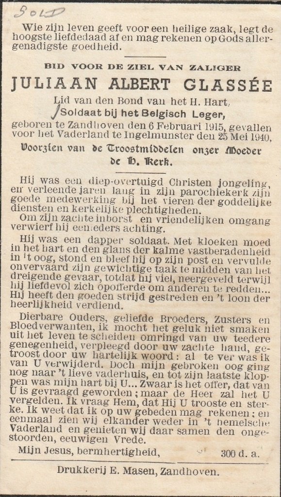 Gesneuvelde 1940-45 Juliaan Albert Glassée  25.10.1940, Verzamelen, Bidprentjes en Rouwkaarten, Verzenden