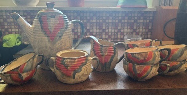 Vintage handbeschilderd keramisch theeservies., Antiek en Kunst, Ophalen
