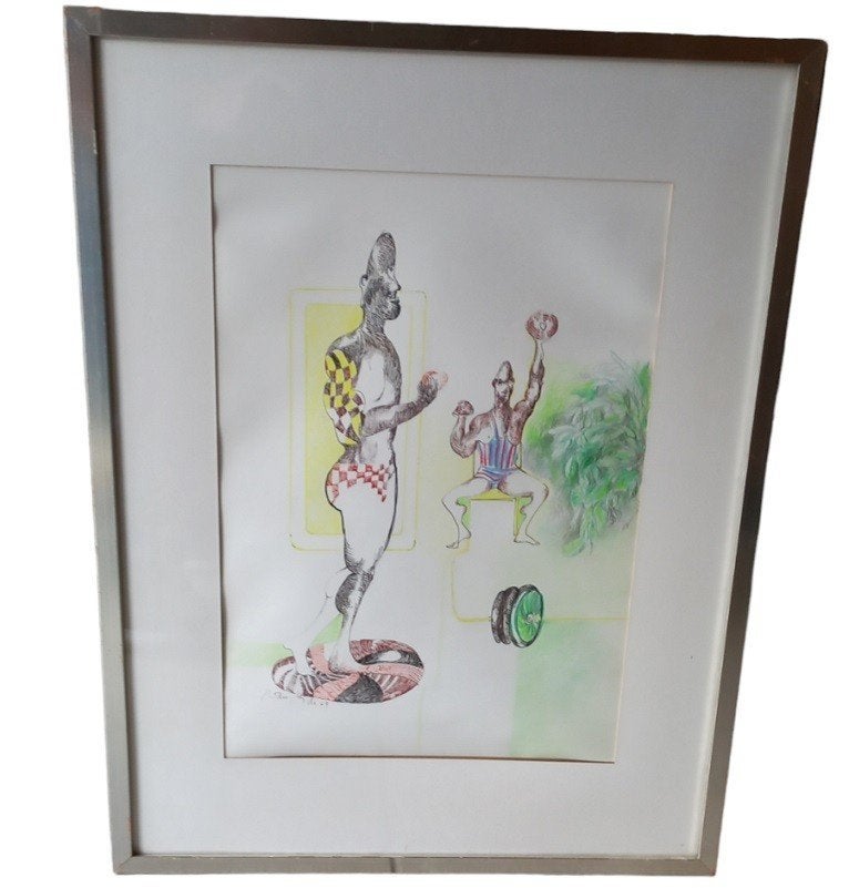 Nadine Van Lierde "worstelaars"., Ophalen, Tekening, Gesigneerd