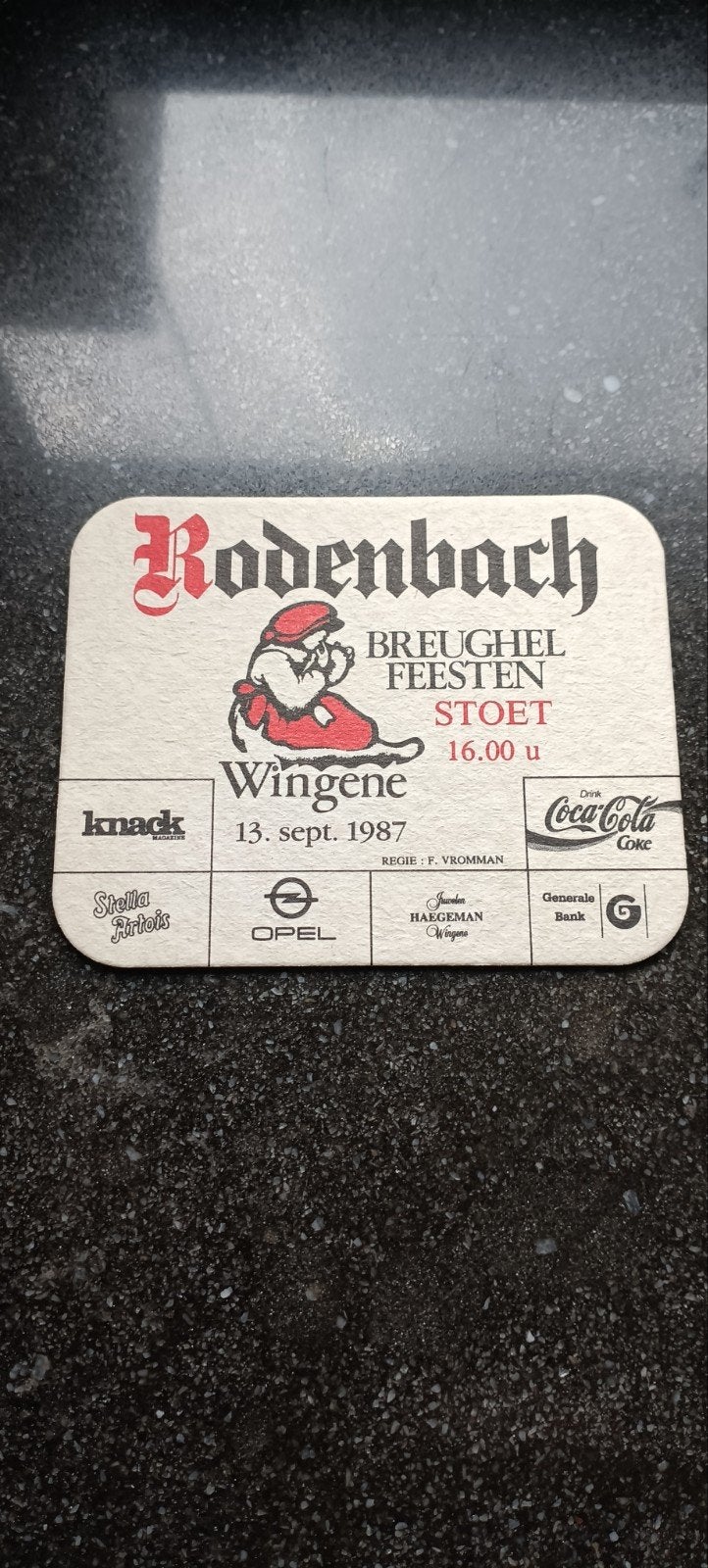 Oud bierviltje rodenbach Breughelfeesten Wingene 1987, Verzamelen, Biermerken, Ophalen of Verzenden
