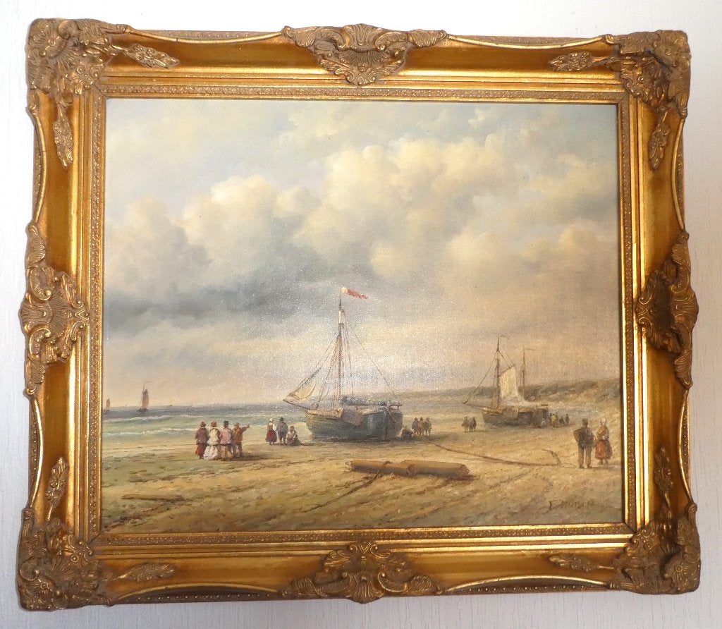 Vissersboten op het strand van F . Huber, Ophalen of Verzenden, Olieverf, Doek