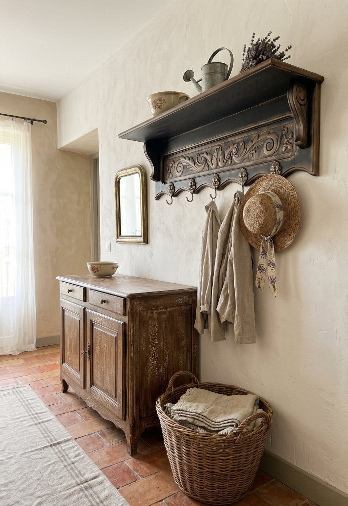 Porte-manteau vintage en bois avec étagère, Enlèvement, Comme neuf, Portemanteau mural