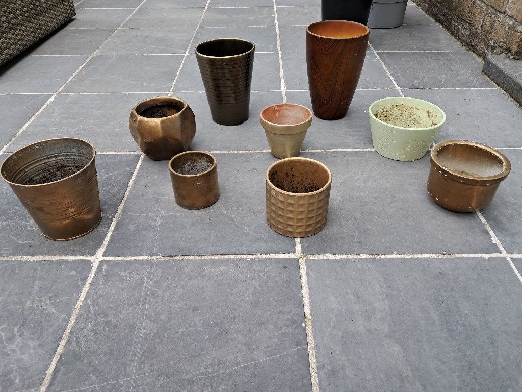 GRATIS 9 goud kleurige bloempotten, Tuin en Terras, Ophalen of Verzenden, Gebruikt, Steen