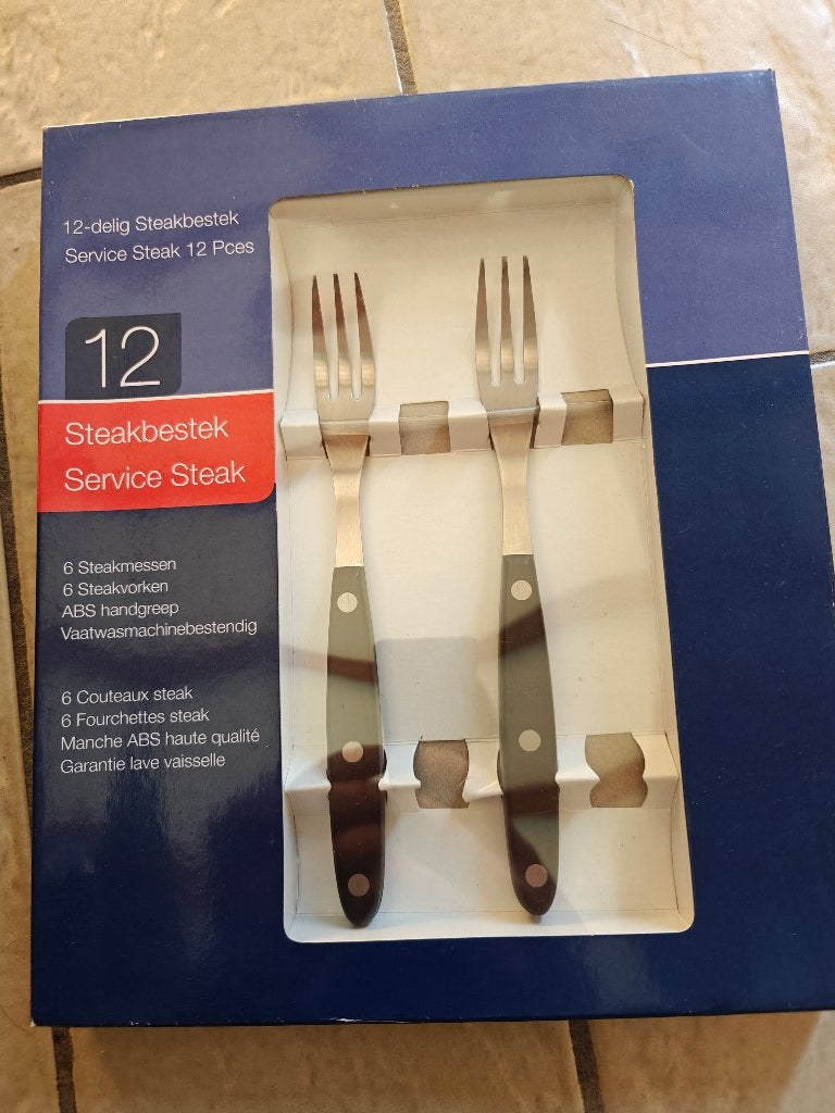 6 steak vorken + mes, Bestekset, Nieuw, Ophalen of Verzenden, Inox of Chroom