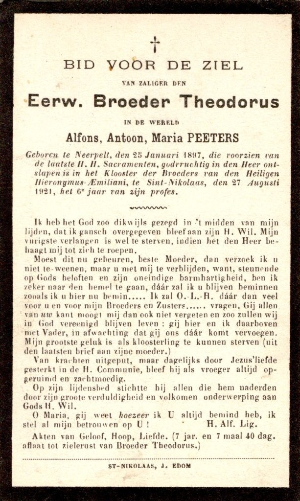 Broeder Theodorus. ° Neerpelt 1897 † Sint-Nikolaas 1921, Collections, Enlèvement ou Envoi, Image pieuse