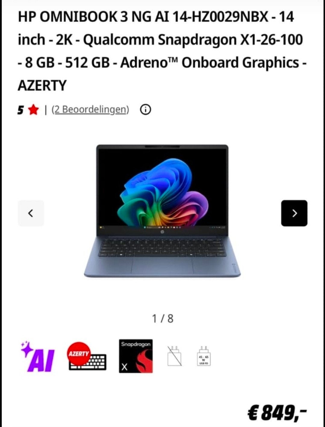 HP Omnibook 3Ng Ai 14 8 GB 512 GB, Ophalen, Nieuw, Hp