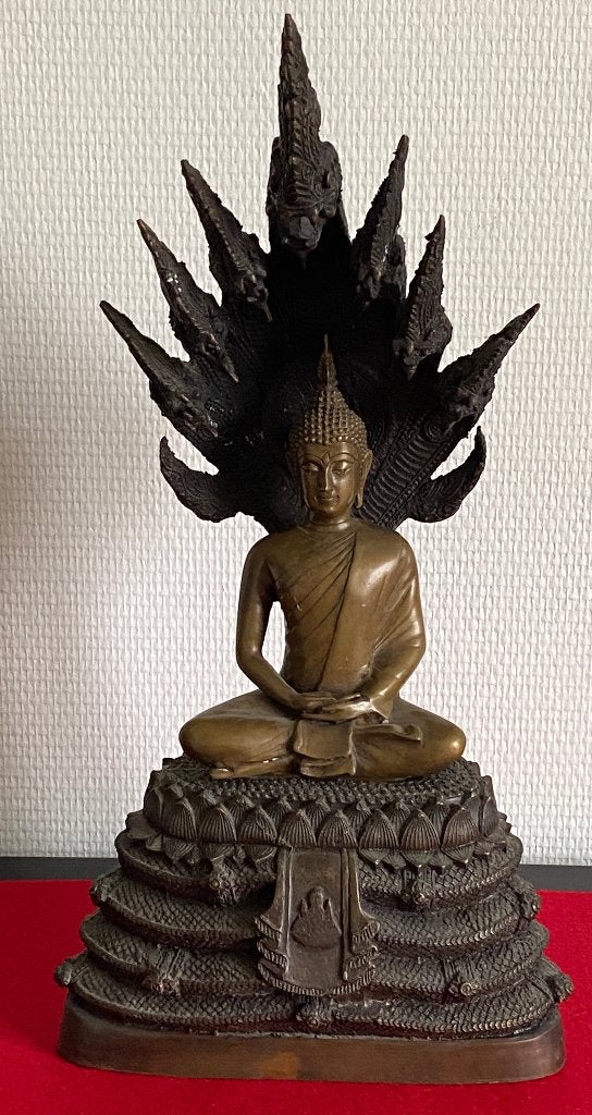 Bouddha en Bronze "NAGA" sur Trone de Serpent, Antiquités & Art, 40 cm, Enlèvement ou Envoi, Bronze, Objet rituel