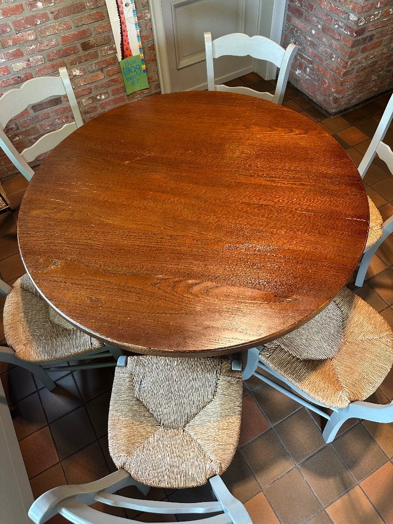 Massief eiken ronde tafel met 6 stoelen, Huis en Inrichting, Tafels | Eettafels, Ophalen, Gebruikt, Vijf personen of meer, Eikenhout