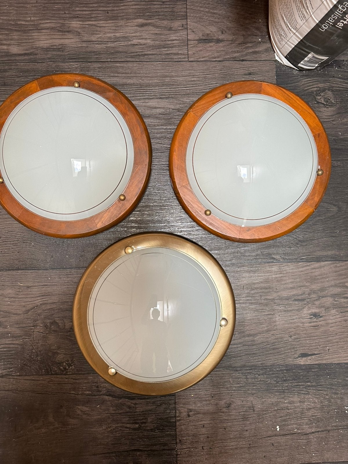 Ronde plafondlampen 27 cm  hout/messing, Ophalen, Zo goed als nieuw, Glas, Plafondlamp