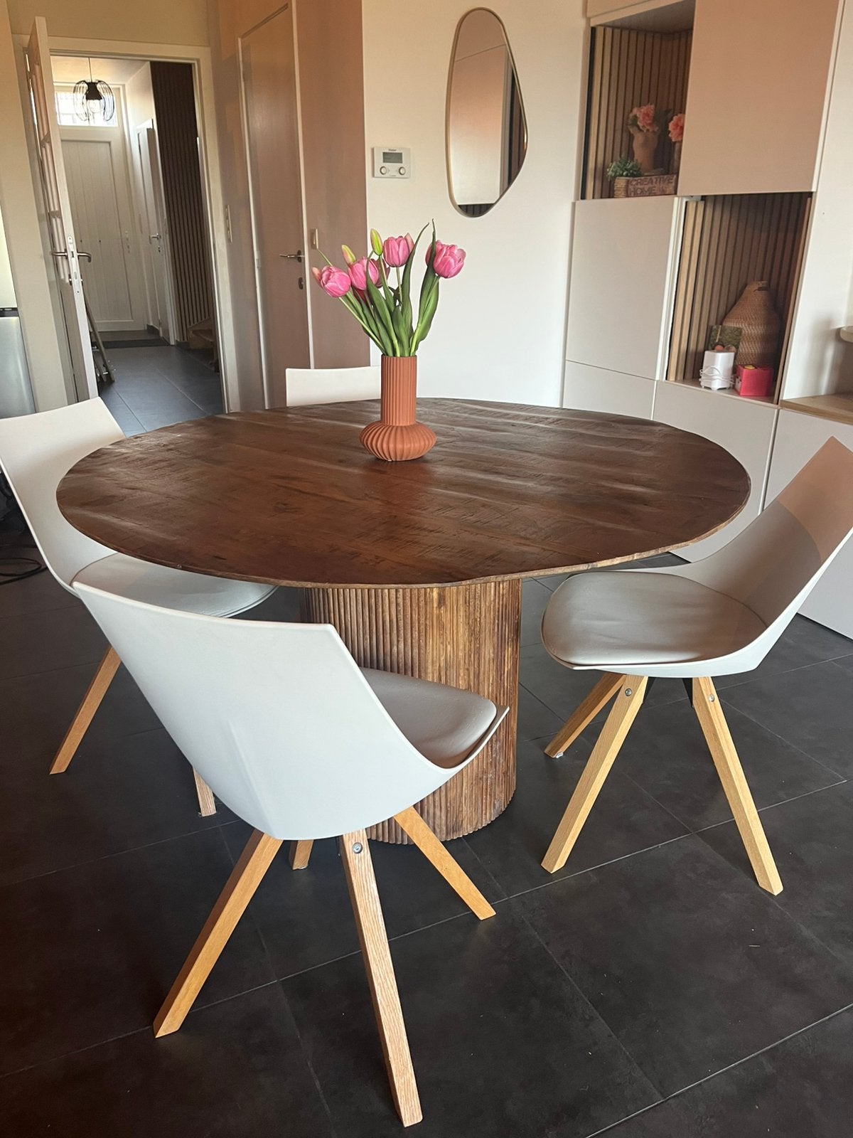 Tafel in mango hout met 4 stoele, Huis en Inrichting, Ophalen, Gebruikt, Vier personen, 100 tot 150 cm
