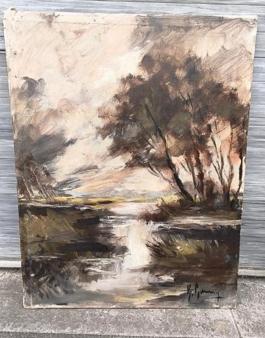 Huile sur toile sous bois signe Émile lammers, Antiek en Kunst, Kunst | Schilderijen | Klassiek, Ophalen of Verzenden, Doek