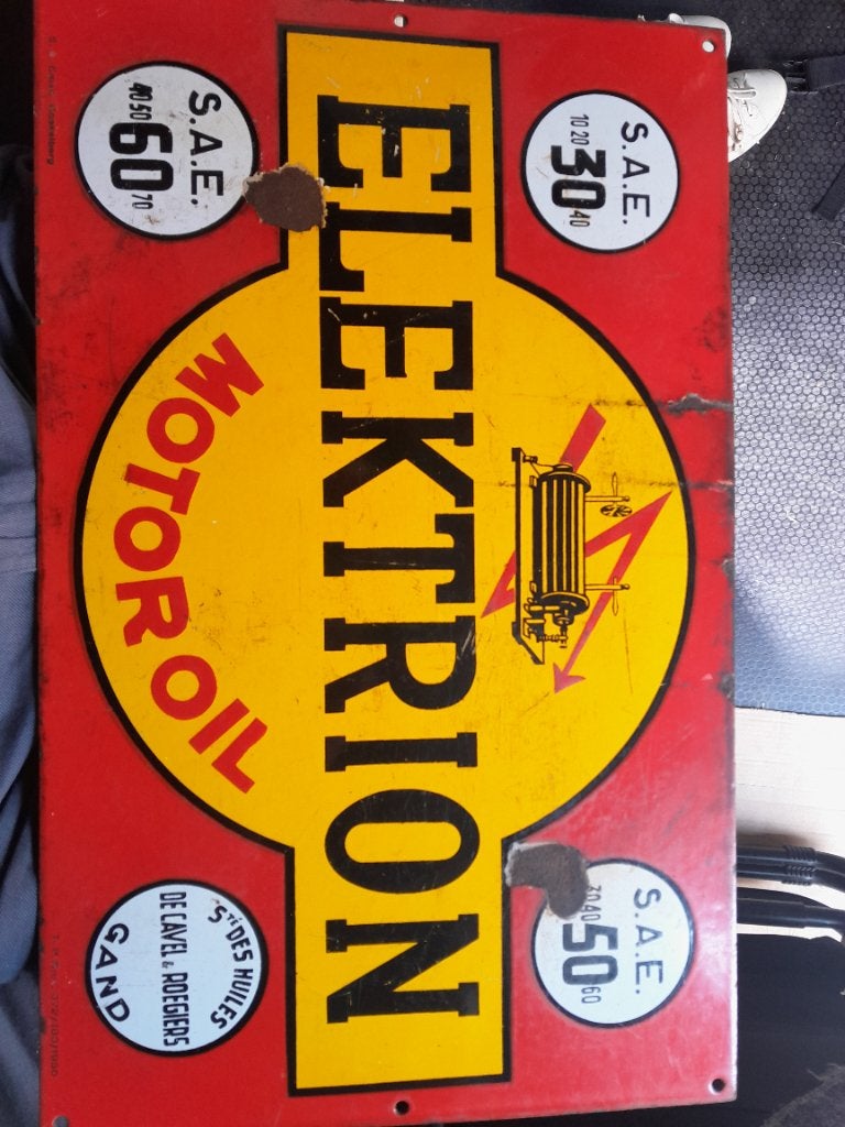 Elektrion motoroil Belgisch merk, Verzamelen, Ophalen of Verzenden, Gebruikt, Reclamebord
