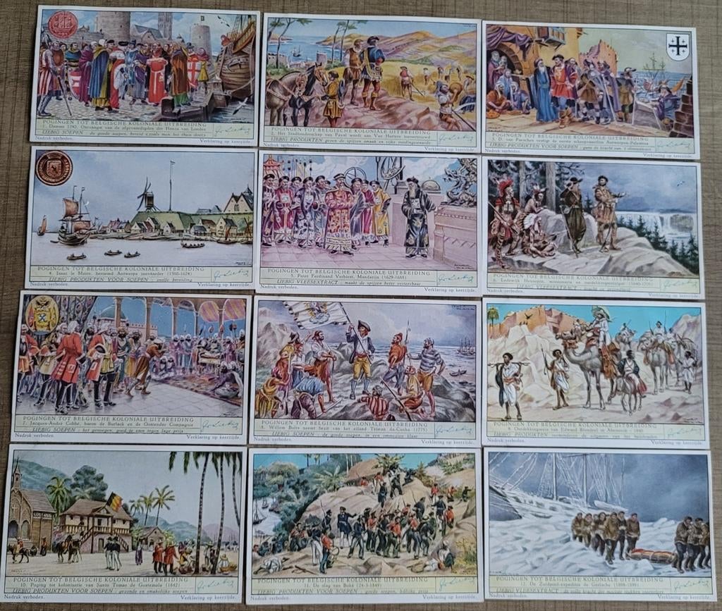 12 oude Liebig prenten: Belgische koloniale uitbreiding, Verzamelen, Ophalen of Verzenden, Gebruikt, Overige onderwerpen, Prent