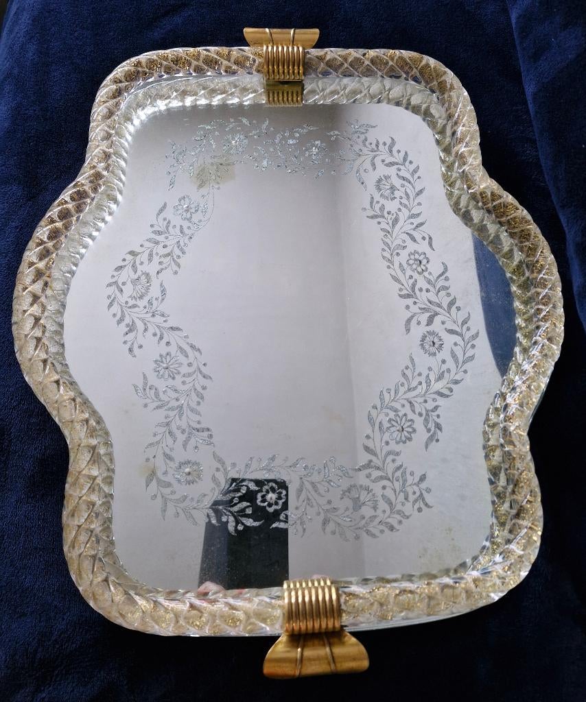 Vintage Murano Glass Tray Mirror  Handgemaakt  Bladgoud, Antiek en Kunst, Ophalen