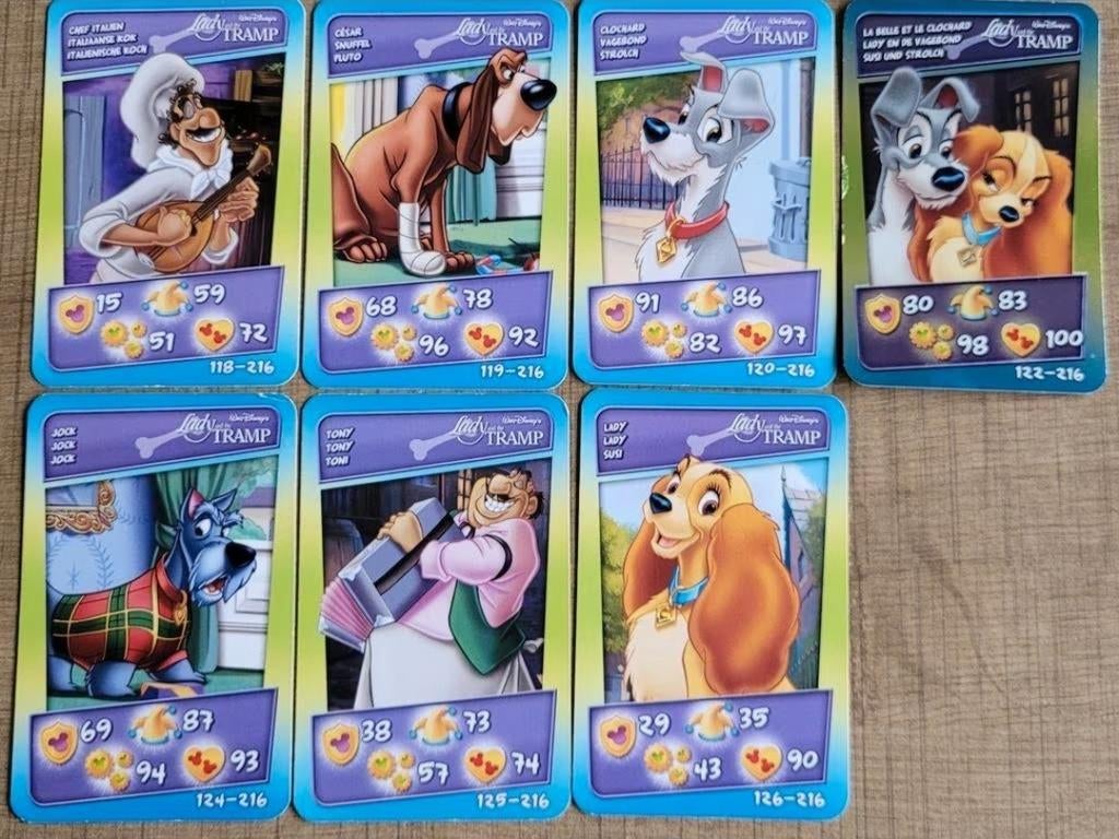 Lady en de Vagebond: 7 verzamelkaarten (Cora-Match), Enlèvement ou Envoi, Comme neuf, Film, Photo ou Carte