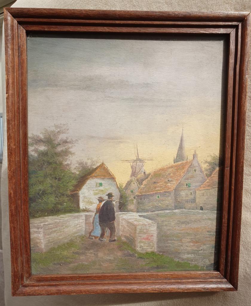 Dorpszicht met kerk en molen, Antiek en Kunst, Kunst | Schilderijen | Klassiek, Ophalen