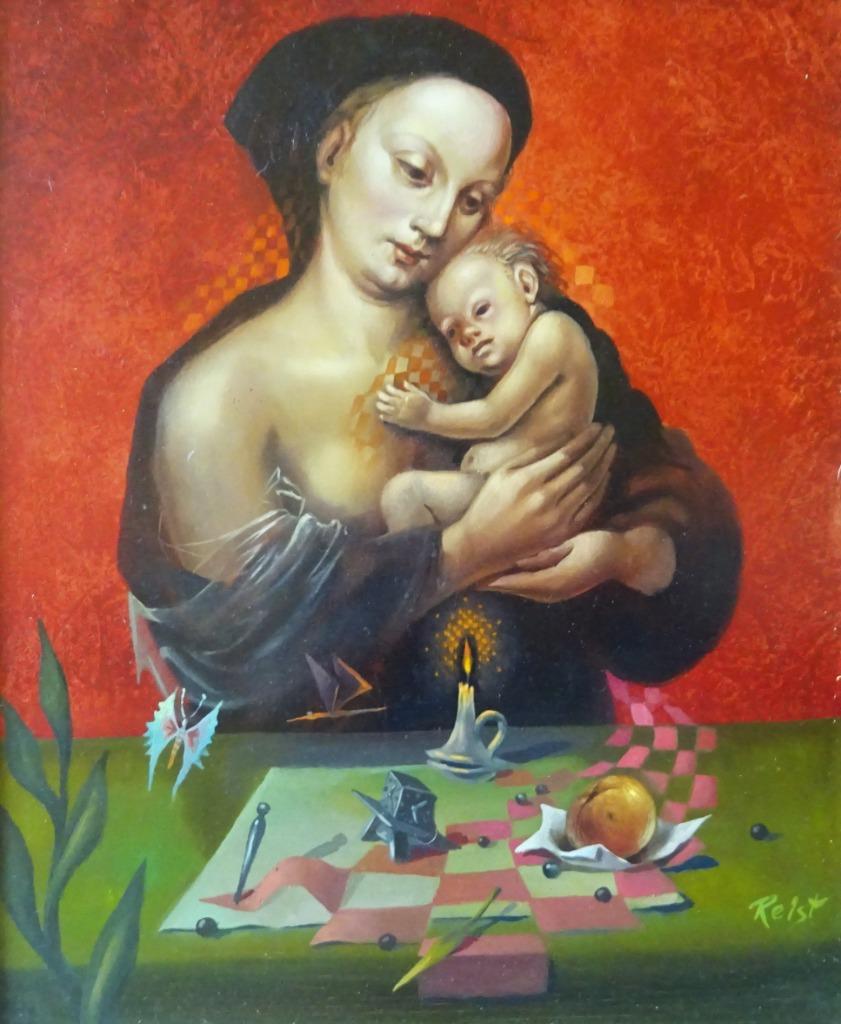Jean Relst, 30 x 25 cm, Moeder en kind '84, paneel, Ophalen of Verzenden